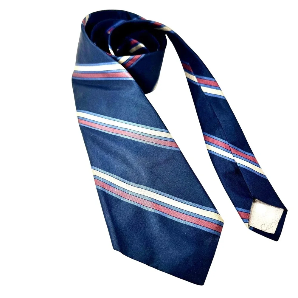 Christian Dior Mens Silk Tie Navy Blue Red Cream Striped Vintage Made in France